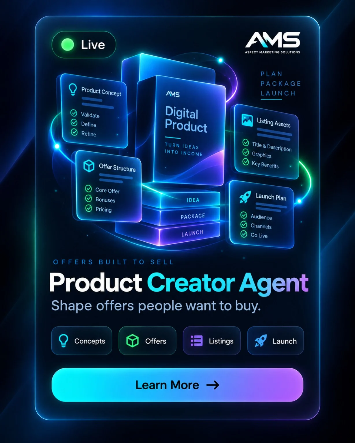 AMS Product Creator Agent shaping a digital product offer